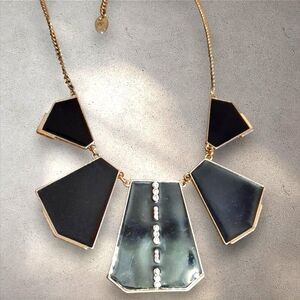 Statement bib geometric necklace etc. brand goldtone & black rhinestone